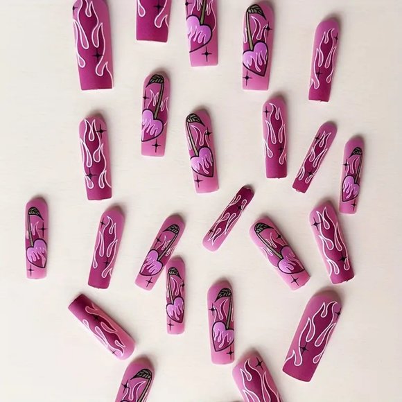 24pcs Long Ballet Fake Nails Matte Pink Purple Flame Fashion False Nails - Picture 3 of 5